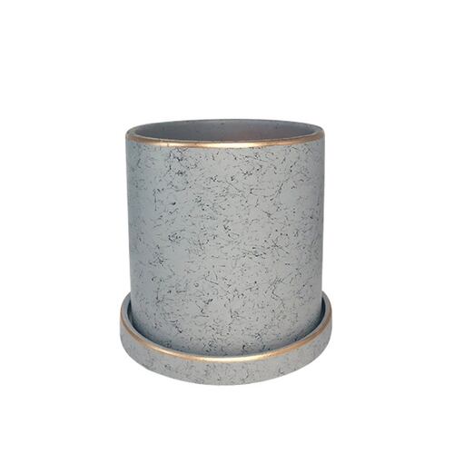 Ilios Innova Macetero borde dorado 15 cm alto, maceta de cerámica con plato de base, Elegante maceta para flores.