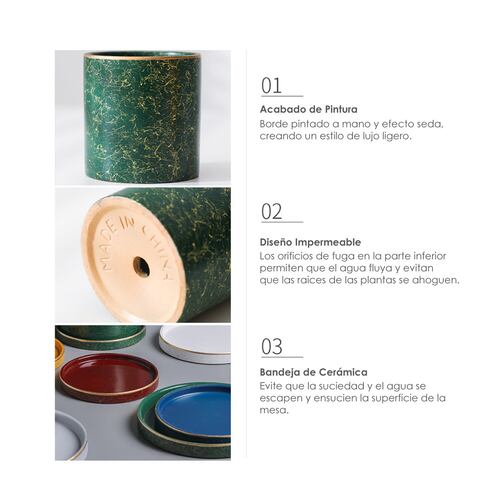 Ilios Innova Macetero borde dorado 18 cm alto, maceta de cerámica con plato de base, Elegante maceta para flores.