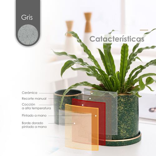 Ilios Innova Macetero borde dorado 18 cm alto, maceta de cerámica con plato de base, Elegante maceta para flores.