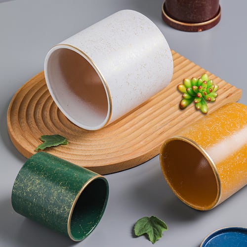 Ilios Innova Macetero borde dorado 18 cm alto, maceta de cerámica con plato de base, Elegante maceta para flores.