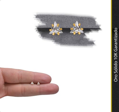 ARETES | BROQUELES ORO PURO 10K TRIÁNGULO  VAROURO ZIRCONIA + ESTUCHE.