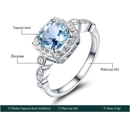 Anillo De Compromiso  VAROURO Plata Ley 925 Topacio Azul Fino Promesa .