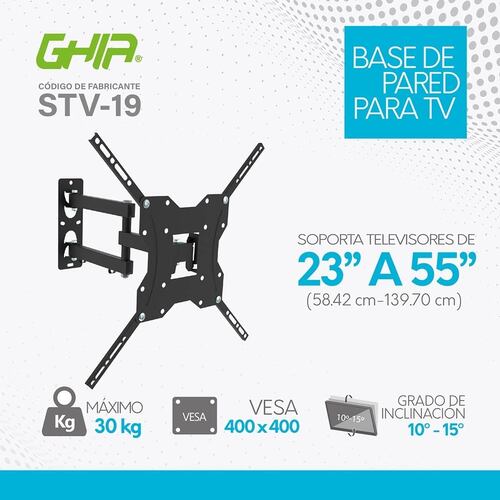 Soporte Articulado para Pantallas de 23'' a 55'', 30 KG, con Inclinación, Ghia STV-19