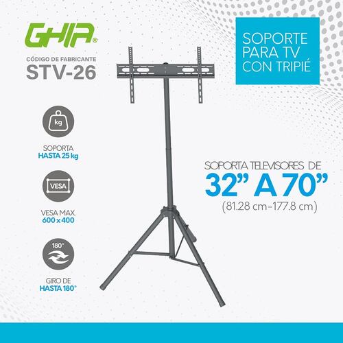 Soporte con Tripié para Pantallas de 32'' a 70'', 35 KG, con Altura Ajustable, Ghia STV-26.