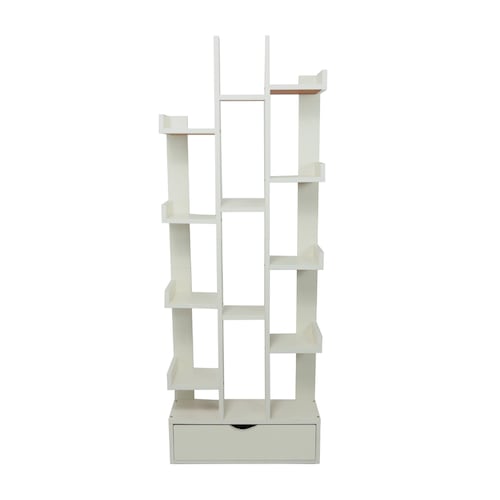 Librero organizador multifuncional de 15 espacios con repisas y cajón. Estante resistente y minimalista con espacios para almacenamiento. 