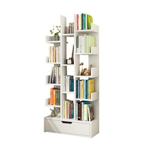 Librero organizador multifuncional de 15 espacios con repisas y cajón. Estante resistente y minimalista con espacios para almacenamiento. 