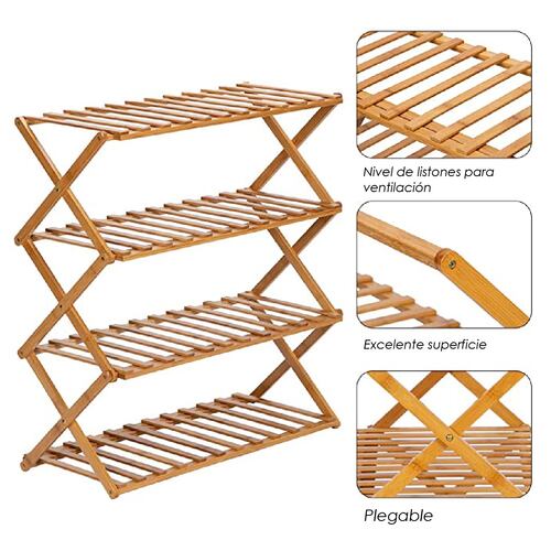 Ilios Innova Zapatera plegable de bambú, estante de almacenamiento de 4 niveles, organizador multifuncional para 16 pares de zapatos.