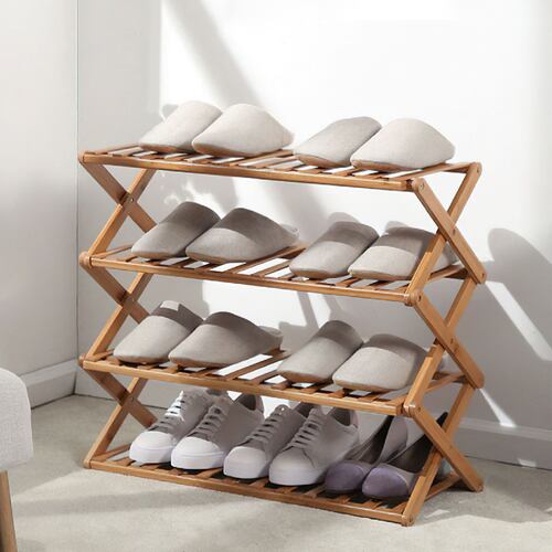 Ilios Innova Zapatera plegable de bambú, estante de almacenamiento de 4 niveles, organizador multifuncional para 16 pares de zapatos.