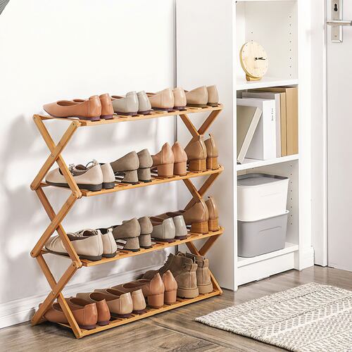 Ilios Innova Zapatera plegable de bambú, estante de almacenamiento de 4 niveles, organizador multifuncional para 16 pares de zapatos.