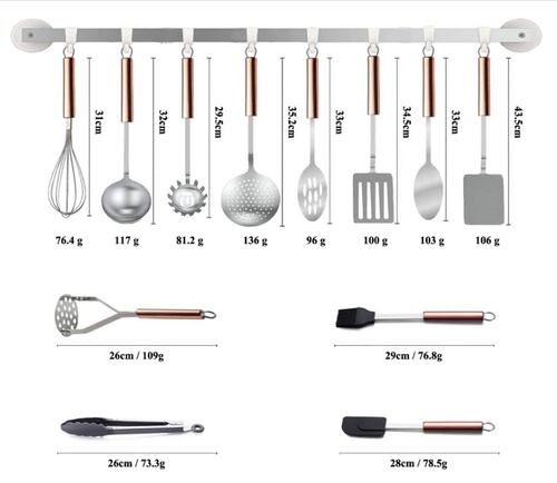 Juego de utensilios de cocina 12 Piezas mango de oro rosa