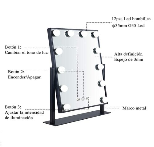 Espejo De Tocador De Mesa Con 12 Bombillas LED Negro 