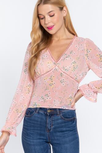 Blusa De Chifón Gasa Con Estampado Floral Rosa Active USA Talla Chica