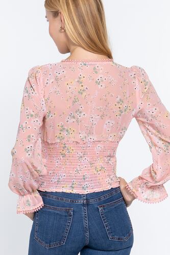 Blusa De Chifón Gasa Con Estampado Floral Rosa Active USA Talla Chica
