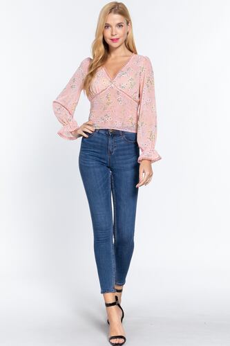 Blusa De Chifón Gasa Con Estampado Floral Rosa Active USA Talla Chica