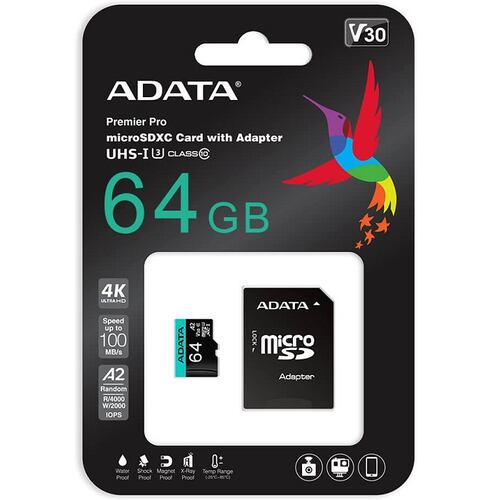 Memoria MicroSD Adata Premier Pro 64GB SDXC UHS-I U3 V30 Clase 10 A2 Con Adaptador AUSDX64GUI3V30SA2-RA1