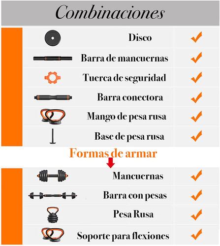 Kit de mancuernas y barras para ejercicio en casa 6 en 1 Multi usos con peso ajustable 10 Kg discos de pesas para ejercicio, pesas rusa y mas..