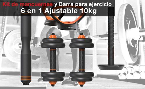 Kit de mancuernas y barras para ejercicio en casa 6 en 1 Multi usos con peso ajustable 10 Kg discos de pesas para ejercicio, pesas rusa y mas..