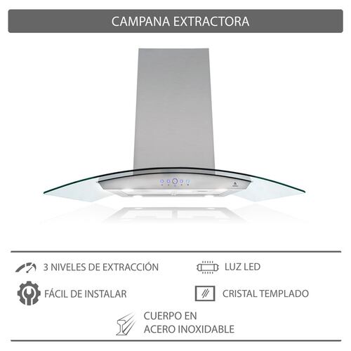Campana extractora para cocina de isla SUPRA CI-76 en acero inoxidable y cristal curvo de 76 cm