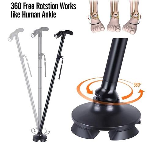 Bastón Plegable Ajustable Con Led Y 4 Puntos De Soporte