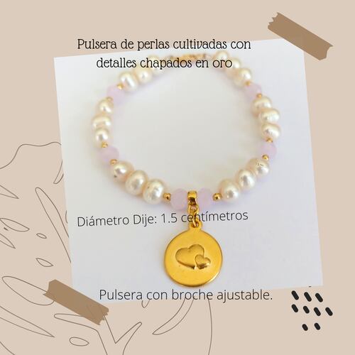 Pulsera Mamá Perlas Dije 'Mamá' Chapada en Oro Mujer