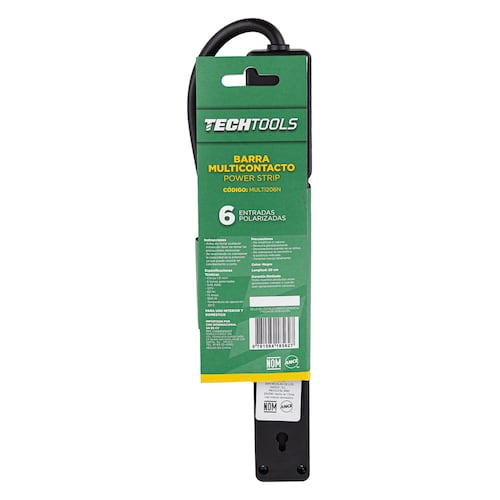 CNX Barra Multicontacto con 6 Tomas Polarizadas de 20 cm. Clavija de 1.31 mm, 127 V, 60 Hz, 13 Amps, 1625 W (Negro).