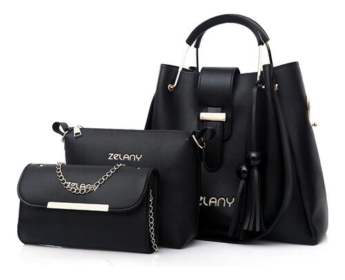 Set 3 Bolsas Bandolera Mujer Cosmetiquera Cartera Borla Logo Negra