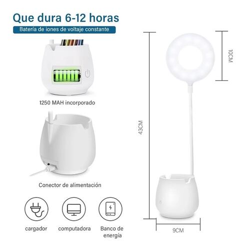 Lámpara Led De Escritorio Usb Recargable Con Portalapices