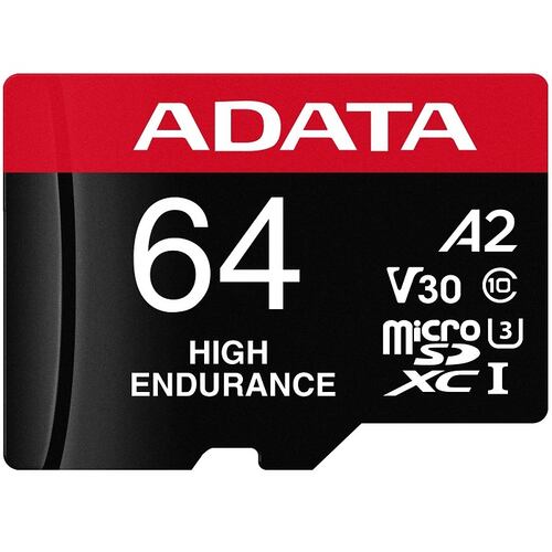 Memoria MicroSD Adata High Endurance 64GB SDXC UHS-I U3 V30 Clase 10 A2 Con Adaptador AUSDX64GUI3V30SHA2-RA1