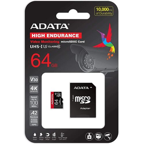 Memoria MicroSD Adata High Endurance 64GB SDXC UHS-I U3 V30 Clase 10 A2 Con Adaptador AUSDX64GUI3V30SHA2-RA1