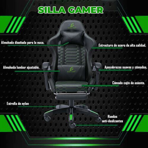 Silla Gamer Ergonómica Para Oficina y Casa - Color negro Costuras verde