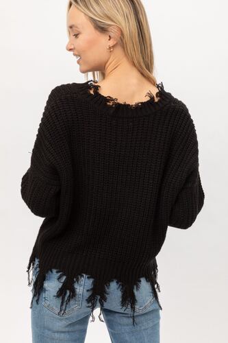 Love Tree Talla Mediana/M Cardigan Sueter Cuello V Con Flecos Rasgados Oversided color Negro