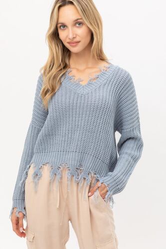 Love Tree Talla Mediana/M Cardigan Sueter Cuello V Con Flecos Rasgados Oversided color Azul Claro