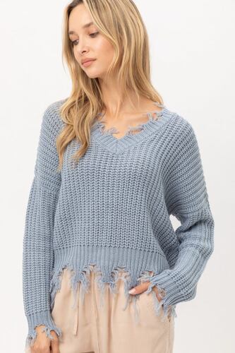 Love Tree Talla Mediana/M Cardigan Sueter Cuello V Con Flecos Rasgados Oversided color Azul Claro