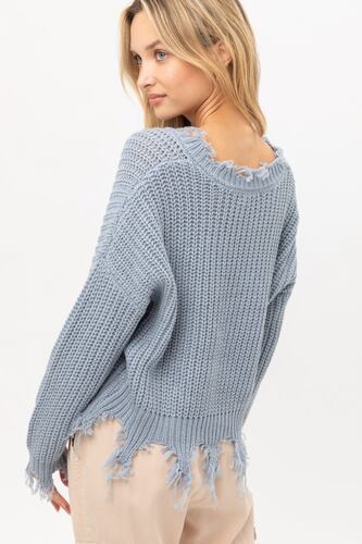 Love Tree Talla Mediana/M Cardigan Sueter Cuello V Con Flecos Rasgados Oversided color Azul Claro