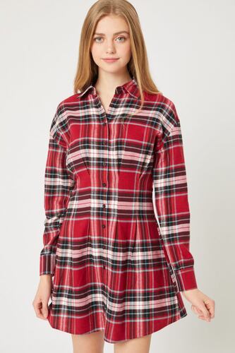 Love Tree Talla Chica/S Vestido Camisa De Franela A Cuadros Botones Boyfriend Love color Rojo.