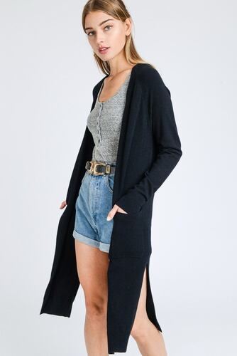 Love Tree Talla Grande/L Cardigan Ligero Liso Largo Abertura Lateral Sueter color Negro