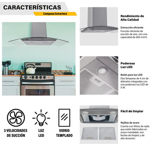 Campana Extractora  Cristal Templado 90 cm Acero Inoxidable Cocina Pared Gutstark