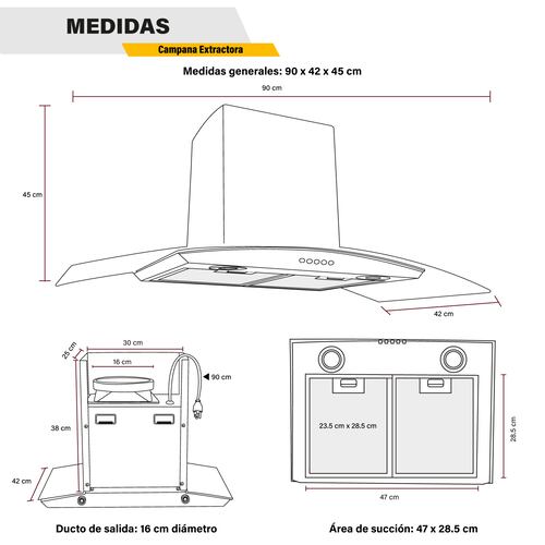 Campana Extractora  Cristal Templado 90 cm Acero Inoxidable Cocina Pared Gutstark