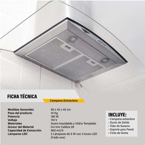 Campana Extractora  Cristal Templado 90 cm Acero Inoxidable Cocina Pared Gutstark