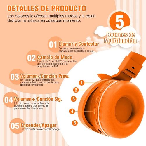 Audífonos De Diadema Bluetooth Infantil Naranja