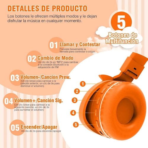 Audífonos De Diadema Bluetooth Infantil Naranja