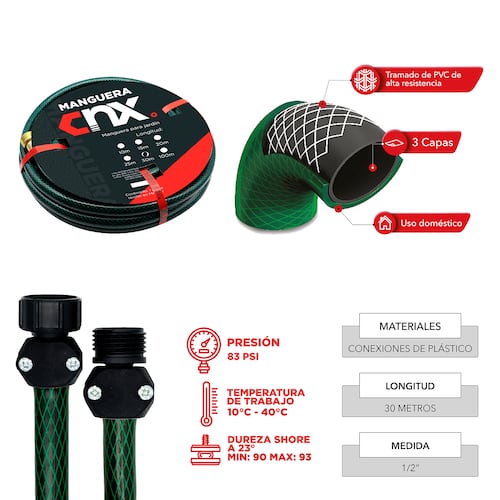 Manguera para jardín de 30 metros armada con conexiones estándar (1/2" pulgada) .