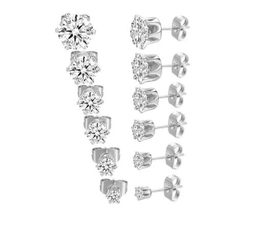 Aretes Zirconia Acero Inoxidable Hipoalergénico 6 Pares Plata