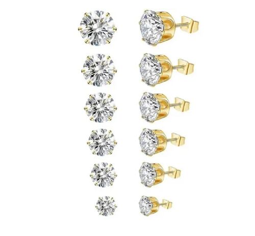 Aretes Zirconia Acero Inoxidable Hipoalergénico 6 Pares Dorado