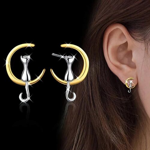 Aretes De Plata S925 Luna Y Gato Diseño