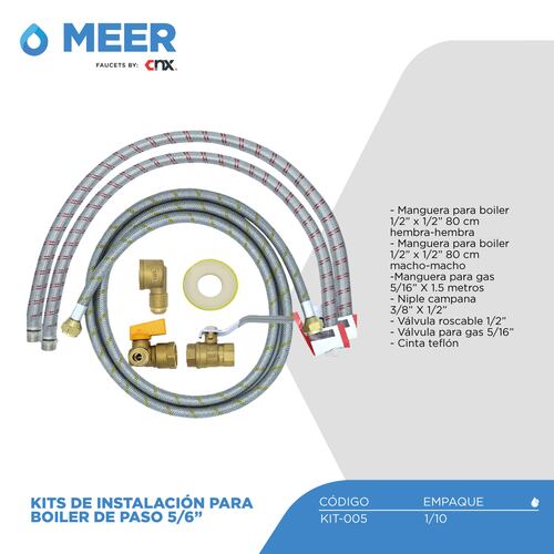 Kit de Instalación para Boiler de paso, Todo lo necesario para instalar un bolier de paso 5/16". Incluye 2x Mangueras para Boiler, 1x Manguera para uso general, 2x Válvulas, 1x Adaptador, 1x Cinta.