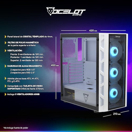 Gabinete Ocelot Gaming OG-C White Blixard, E-ATX, Cristal Templado, sin Fuente, Blanco.