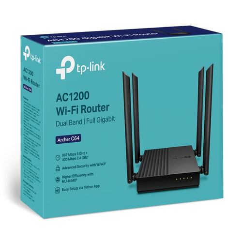 Router Wi-Fi TP-Link Archer C64, AC1200, de doble banda, MU-MIMO, Gigabit, Negro.