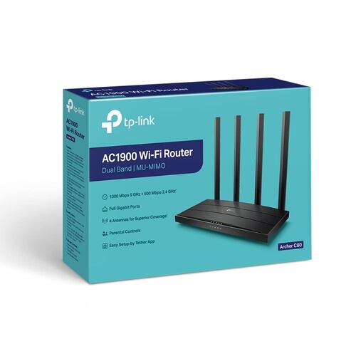 Router Wi-Fi TP-Link Archer C80, AC1900, de doble banda, MU-MIMO, Gigabit, Negro.