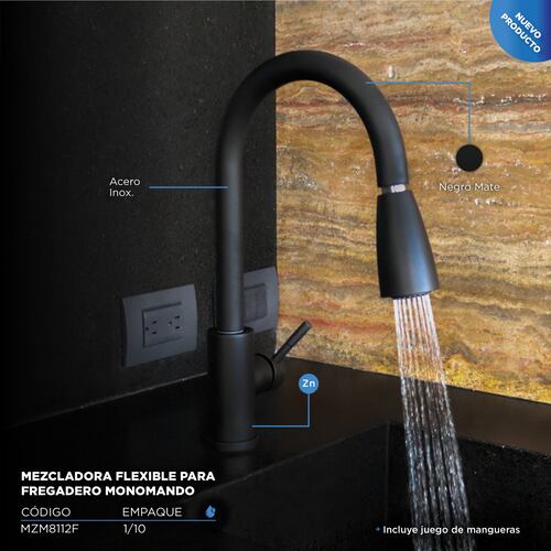 CNX Mezcadora Flexible Monomando para Fregadero Negro